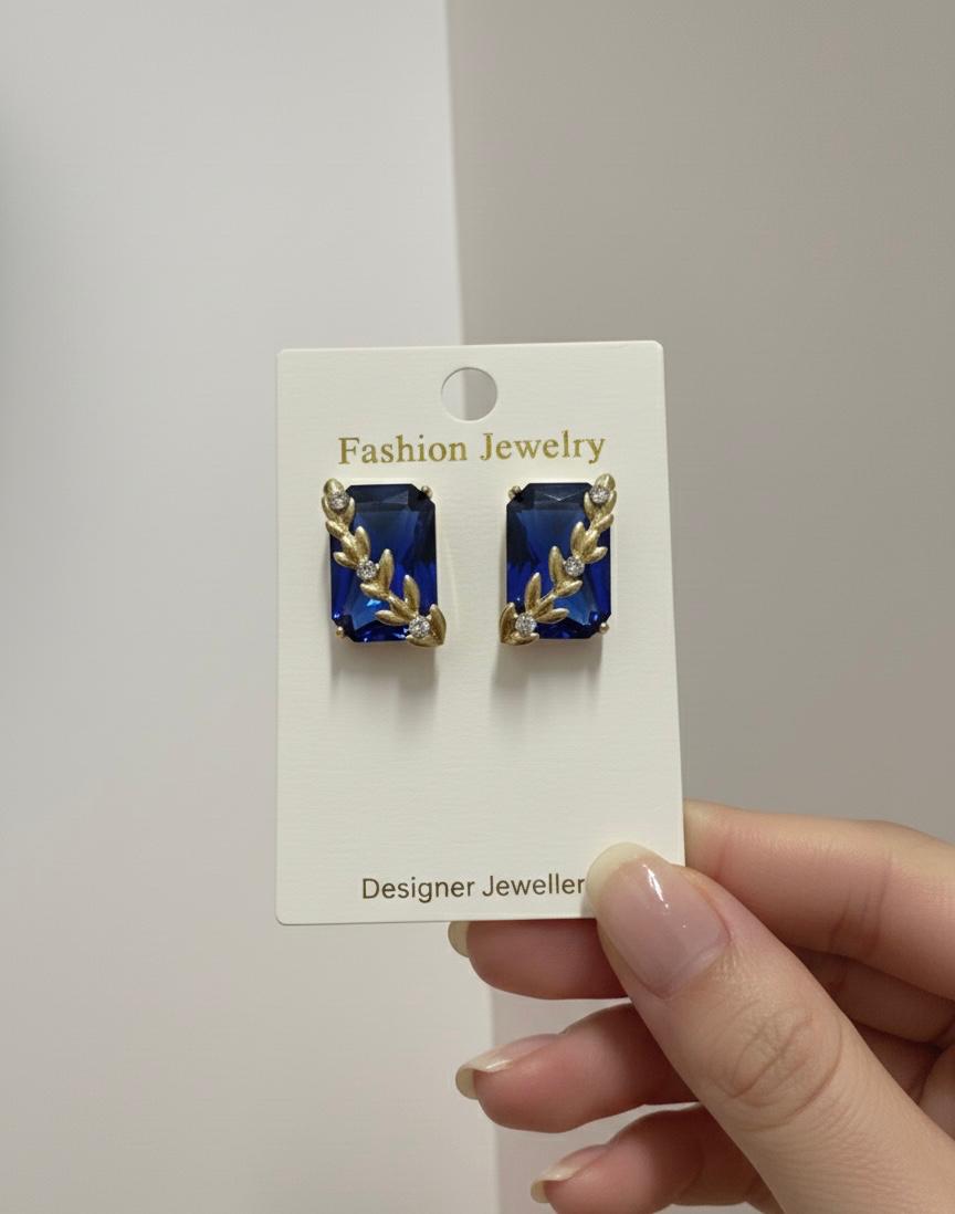 Elegant rectangular royal blue crystal stud earrings