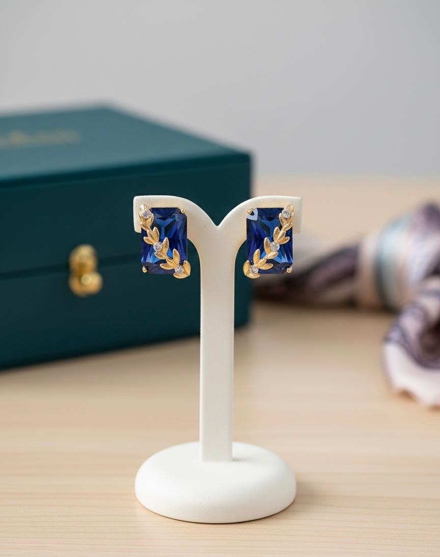 Elegant rectangular royal blue crystal stud earrings