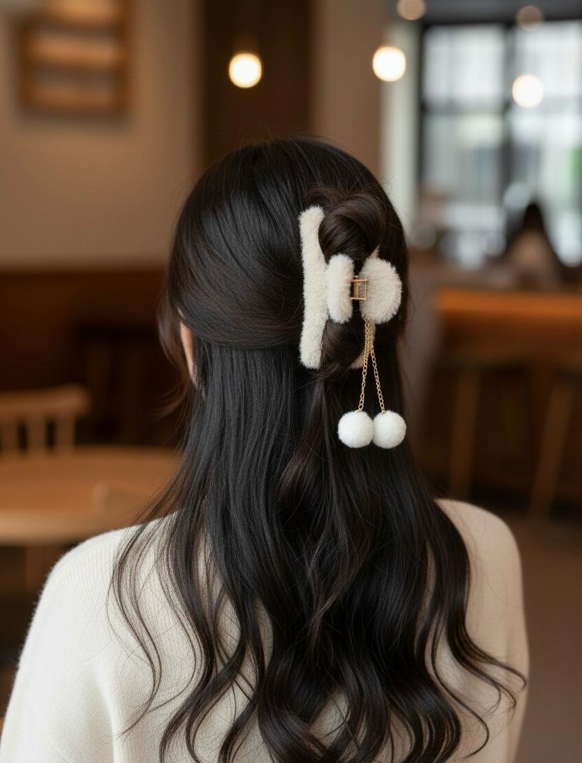 Furry Pom-Pom Hair Claw