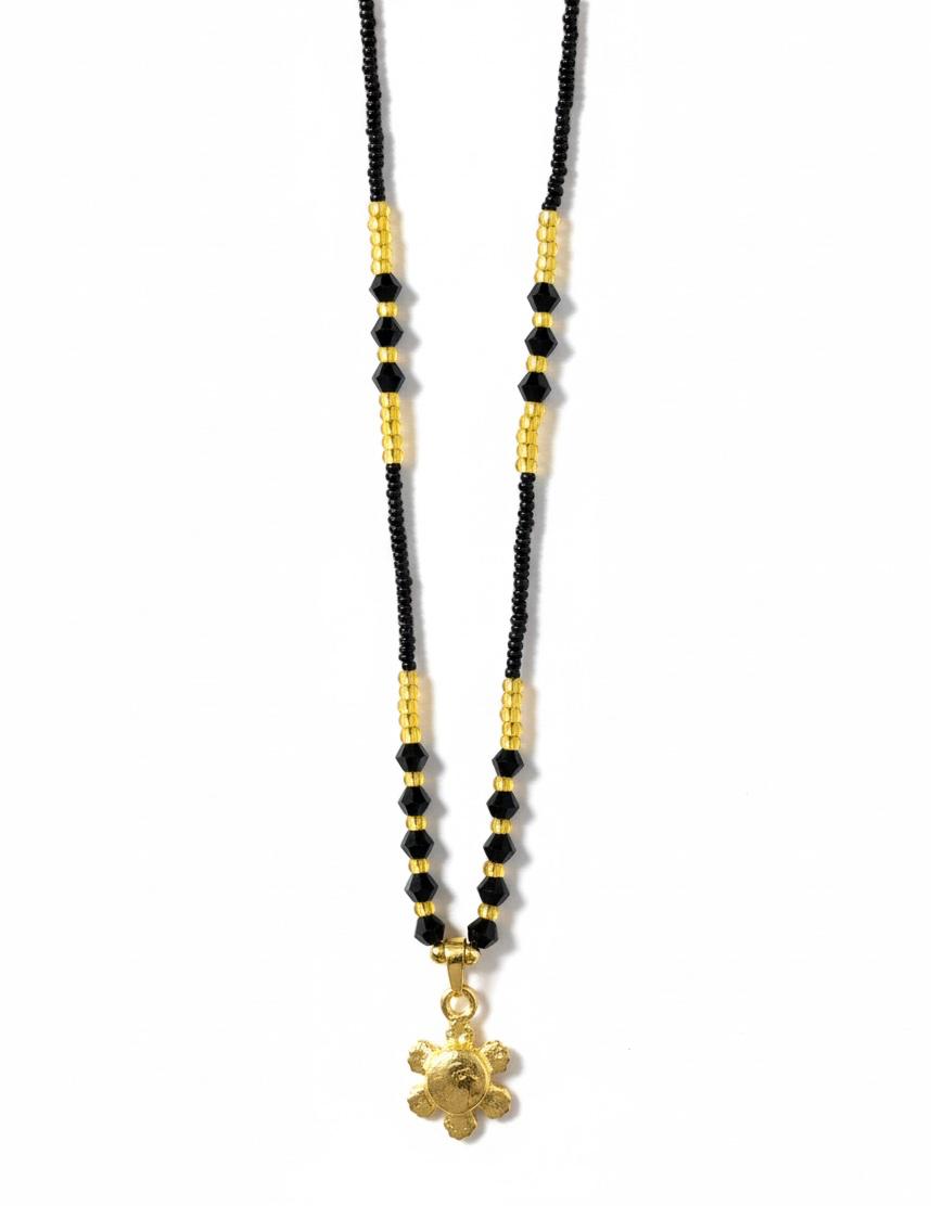 Golden Floral Black Bead Necklace