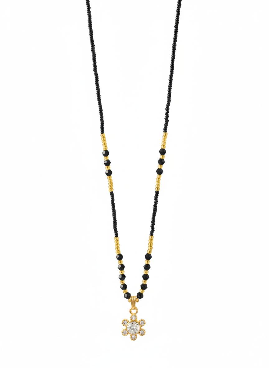 Golden Floral Black Bead Necklace