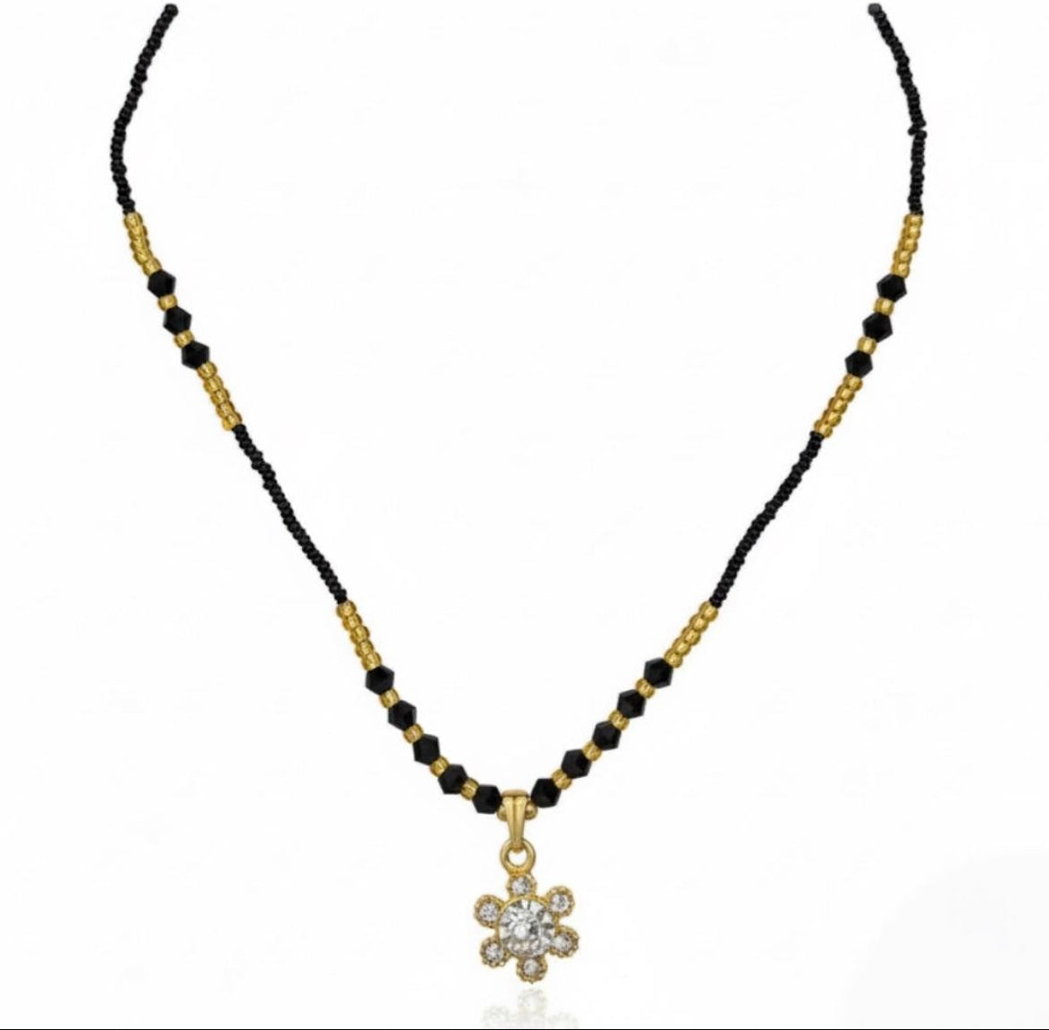 Golden Floral Black Bead Necklace