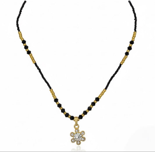 Golden Floral Black Bead Necklace
