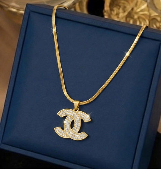 18 Karat Gold Plated Pave Crystal Double C Logo Necklace
