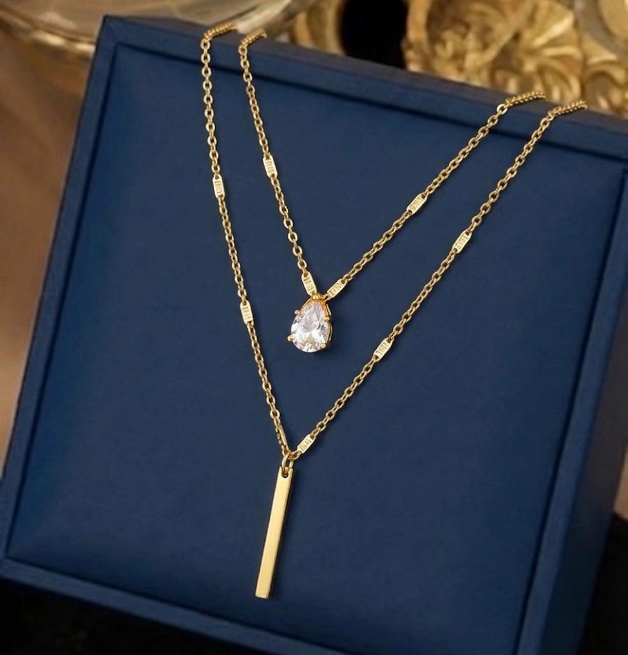 Tear Drop CZ Dual Strand Pendant Necklace